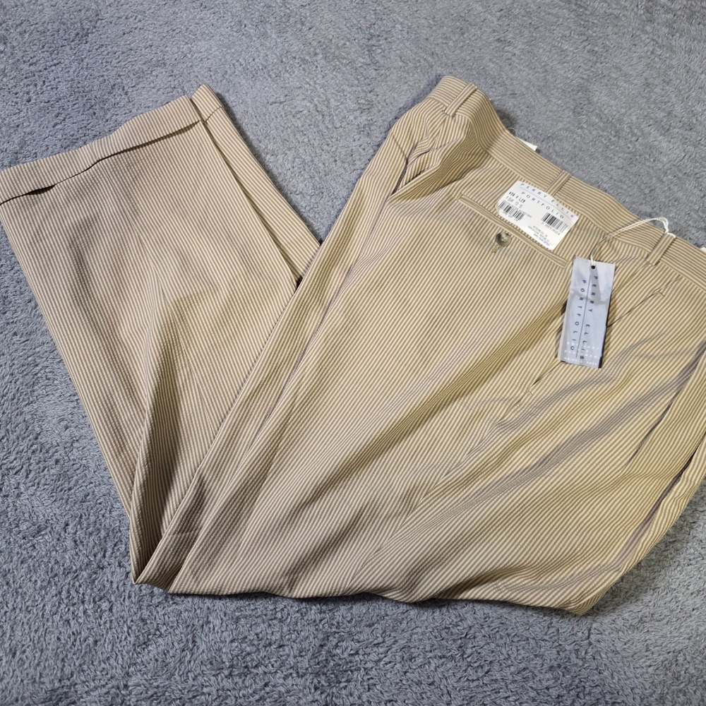 Perry Ellis Mens 38x29 Dress Pants Tan Striped‎ Pleated Cuffed Microfiber 2959